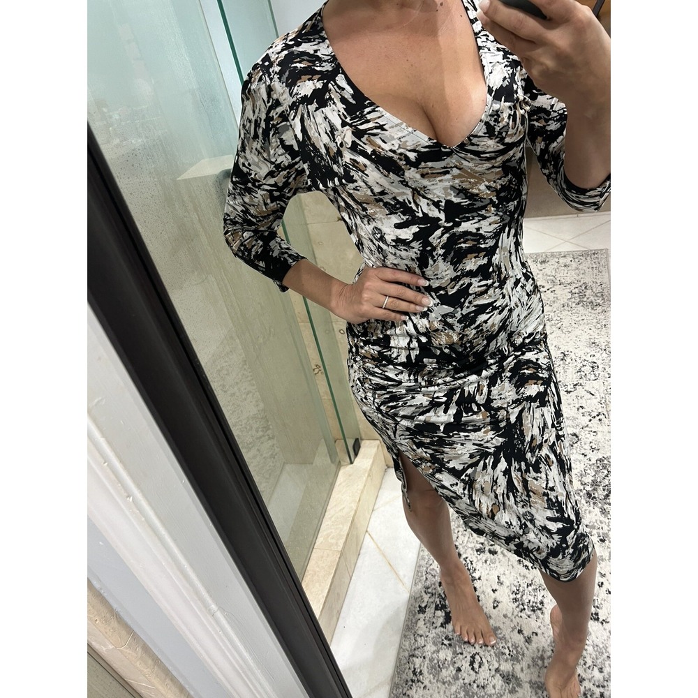 Veronica M Abstract Print V-Neck Slit Jersey Midi Dress Gray Black Tan Size M